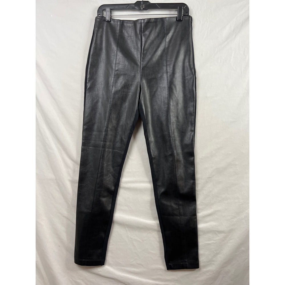 Ann Taylor Faux Leather Leggings Womens M Black Mixed Media Side Zip High Rise